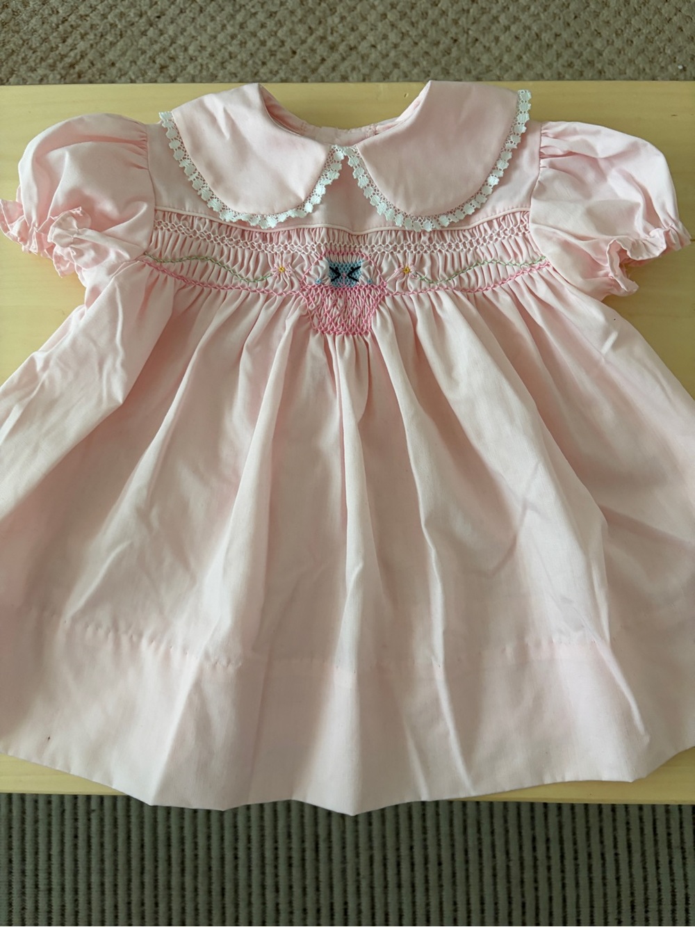 Polly Flinders Pink Smocked Dress with Delicate Lace Trim & Embroidered Cat
